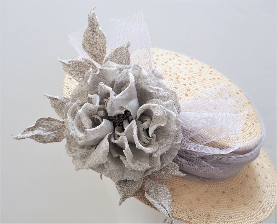 linen rose brooch hat