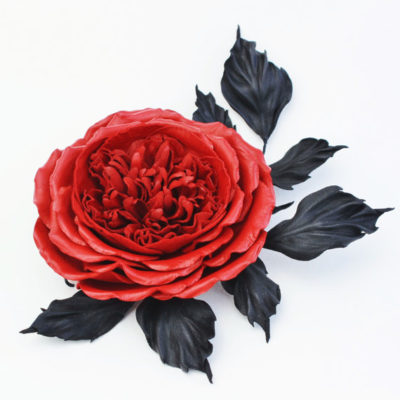 red leather rose brooch