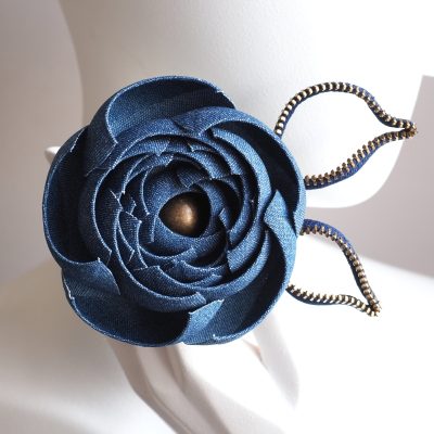 Denim flower brooch, denim rose