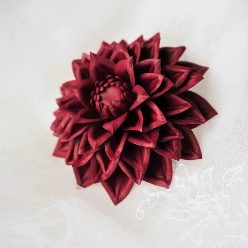 Cherry red leather dahlia corsage (medium) Creations | ART FLOWERS - Translating Nature into Fashion