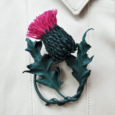 pink leather thistle brooch