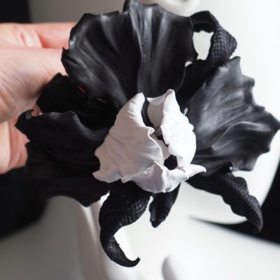 Black and white leather iris corsage