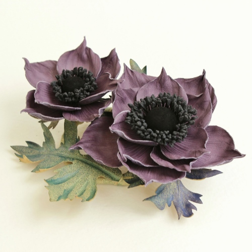lilac leather anemone brooch