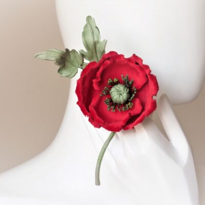 red velvet poppy brooch