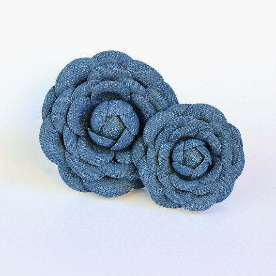 denim camellia brooches