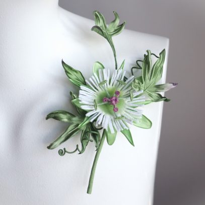 white passion flower brooch