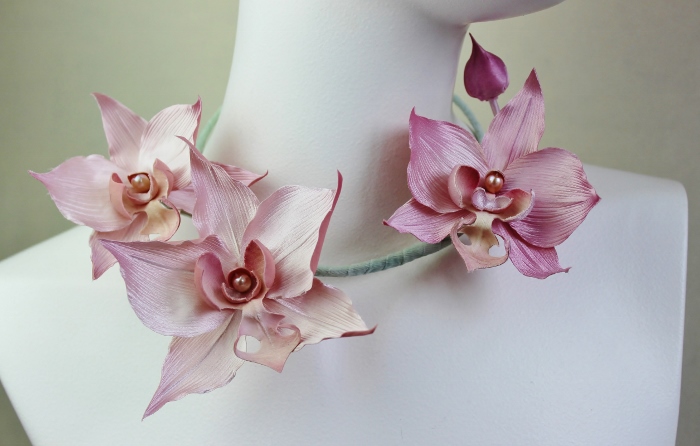 extra shiny rayon satin fabric blush pink silk orchid necklace 
