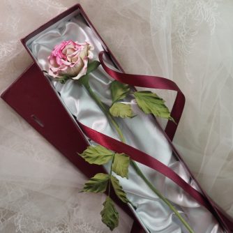 hand dyed pink leather rose on a stem