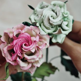 hand dyed pink leather rose on a stem