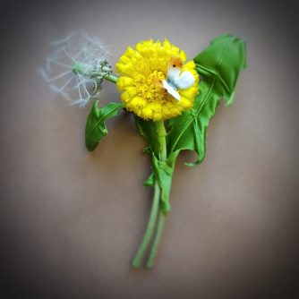 silk dandelion flower and clock corsage