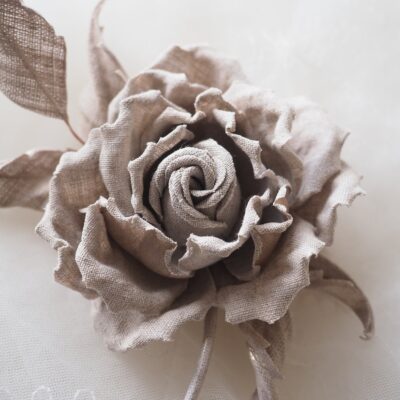 undyed linen rose corsage closeup