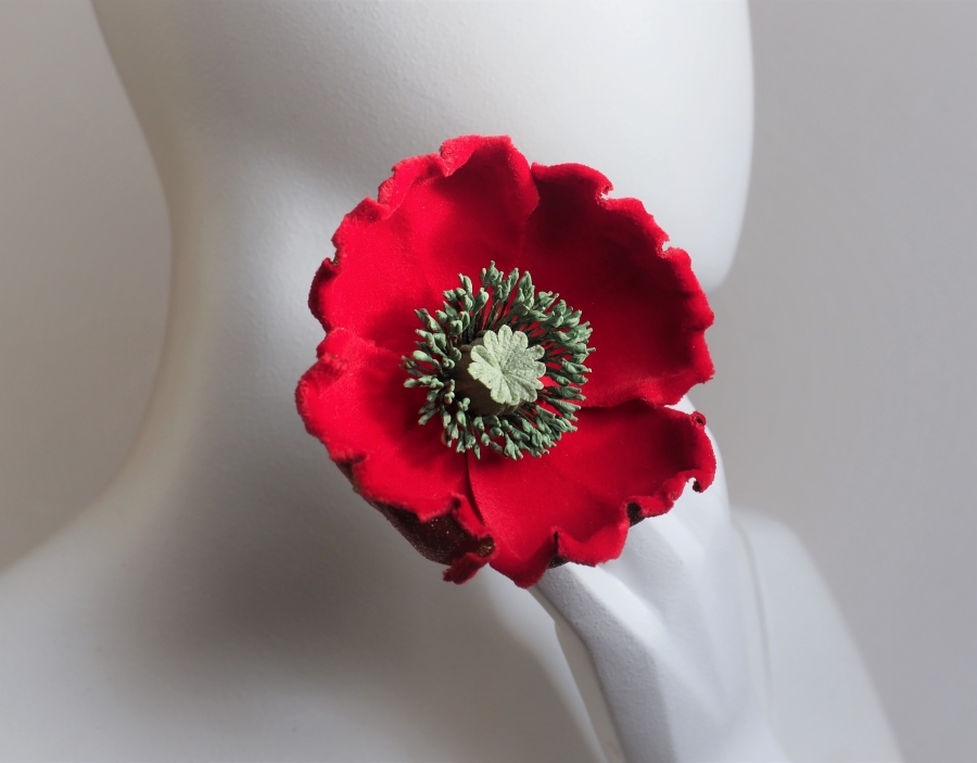 red velvet poppy brooch