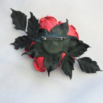 leather wild rose brooch in red back 800