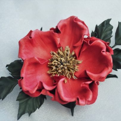 leather wild rose brooch in red close 800