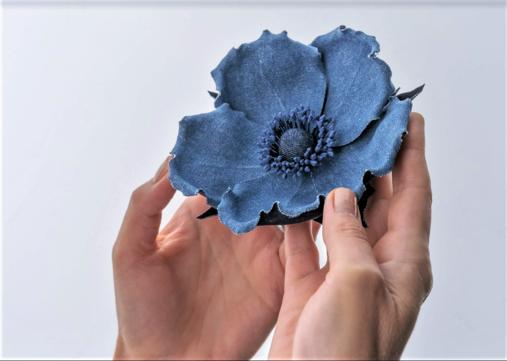 denim wild rose brooch