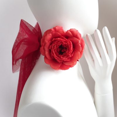 Silk and Tulle rose choker necklace in Scarlet Red