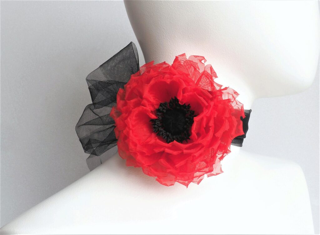 Handmade Phantom Flower Choker/Necklace Made Out of Organza in Red