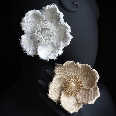 tweed wild rose brooches golden and white