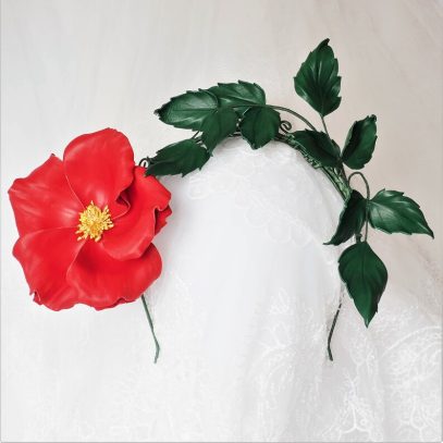 red leather rose headpiece white