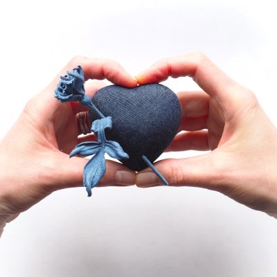 denim heart with a rose brooch