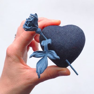 Denim heart with a rose brooch