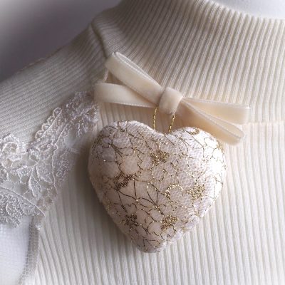 Ivory Velvet Heart Brooch with a Bow