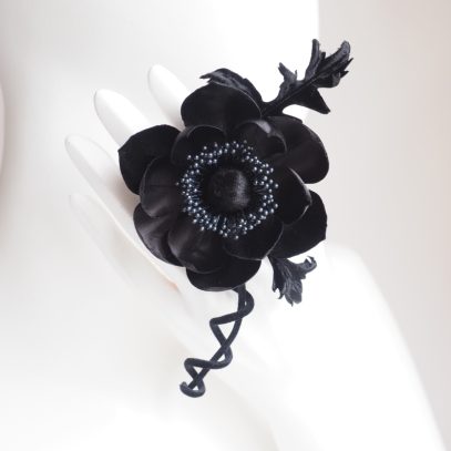 black silk and velvet anemone corsage front 800