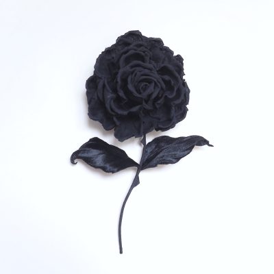 Oversized black velvet rose corsage front