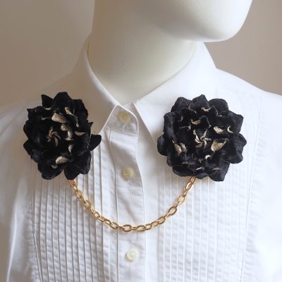 Black and Golden Velvet Gardenia Flower Collar Pins