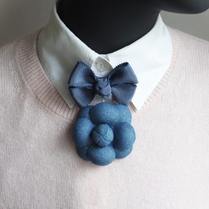 denim camellia flower medal bow tie