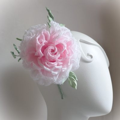 pink cotton organza rose headpiece closeup