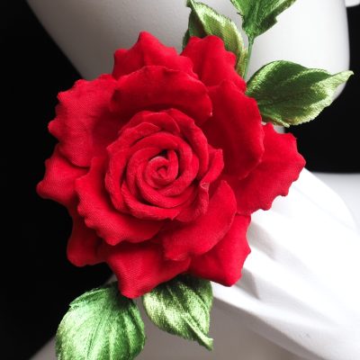 winter kiss red velvet rose corsage detail