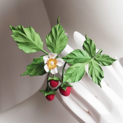 red leather raspberries brooch