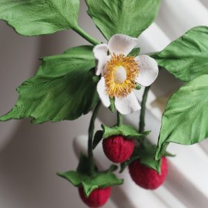red leather raspberries brooch detail